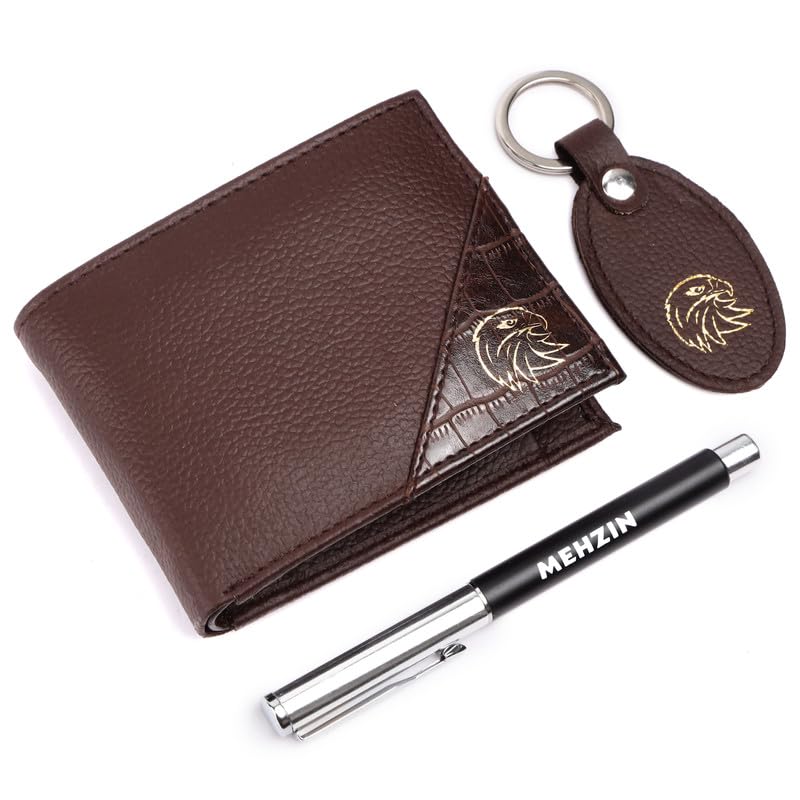 Men Formal Brown Artificial Leather Wallet,Key Ring & Pen 3Pcs Combo Gift Set (5 Card Slots). Style-182-image-35