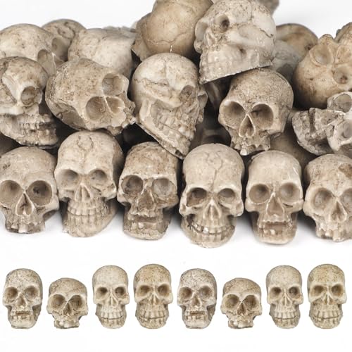 Image of Uniclife 40 Pcs Halloween Mini Skull Decorations, Halloween Fish Tank Decor, Realistic Resin Mini Skulls Figurines for Party Crafts Bar Home, Vase Fillers, Miniature Skeleton Head Table Decor