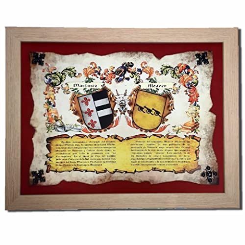 Heráldica de 2 Apellidos con los Escudos y los orígenes en Cuadro Tipo Castellano. Regalo de Boda, Aniversario.