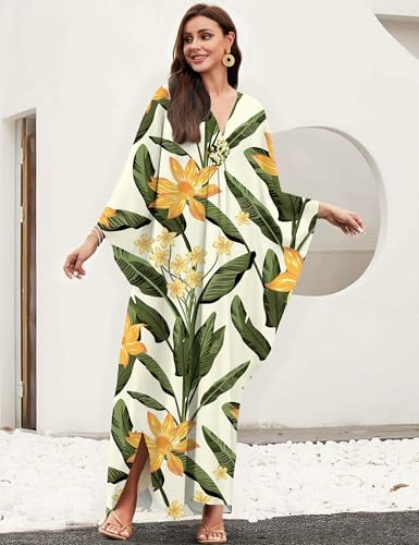 Image of MAKABO Kaftan Dresses for Women, V Neck Moo Moos Colorful Print Cover Ups Caftan Beach Dresses for Swimwear