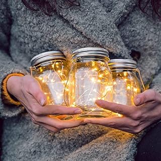 Gadgy Mason Jar Lights Solar Powered | 3 Pieces | 20 LED Fairy Lights | Table or Hanging Lanterns for Garden, Patio or Balcony | Outdoor Lantern with String Light | Glass and Stainless Steel Lids