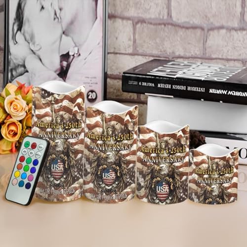 Image of 250th Anniversary Electric Candles American Flag Stars Pattern Flameless Candle Fourth of July LED Lights Flickering with Timer Decorations for Fireplace Living Room, 4 Pack