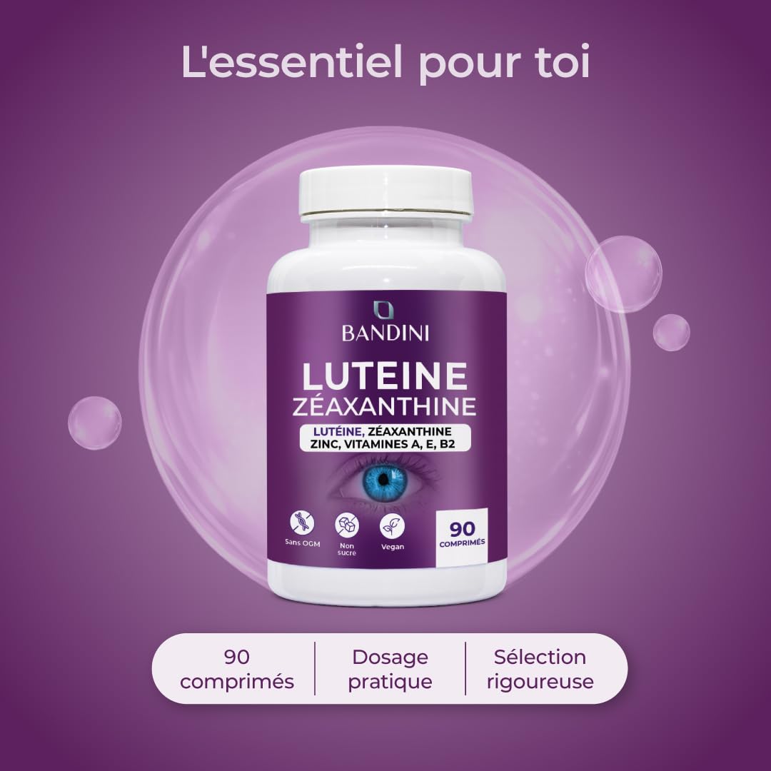 Bandini® Lutéine et Zéaxanthine à Haute Dose, Complément Antioxydant pour les Yeux avec Myrtille et Vigne Rouge, Zinc, Vitamines A, B2 et E – Soutien Naturel de la Vision – 90 Comprimés