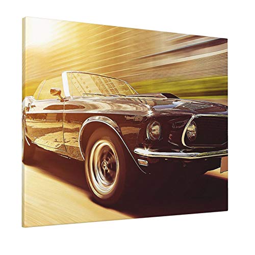 Vintage Decor Automobile Theme A Convertible Vintage Car On The Road Digital Print Yellow and Blackpainting 16" X 20" Panoramic Canvas Wall Art