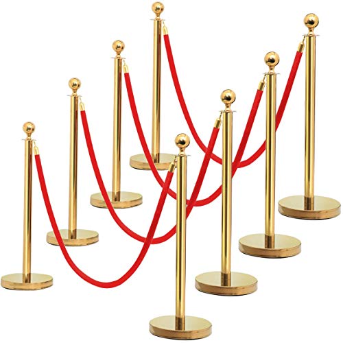 Yaheetech 8pcs Stainless Steel Stanchion Posts - 6.6FT Extended Red Velvet Rope Retractable Barriers Ropes Safety Barriers Set with Stable Base for Party Supplies Theater Hotels Clubs Museums, Gold