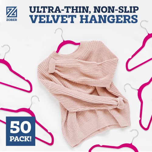 Image of Zober Velvet Hangers 50 Pack - Heavy Duty Pink Hangers for Coats, Pants & Dress Clothes - Non Slip Clothes Hanger Set - Space Saving Felt Hangers for Clothing