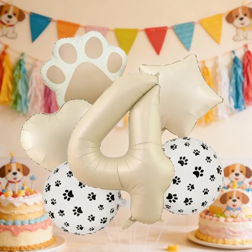 Image of 4th Birthday Dog Paw Balloons Set,18'' Paw Prints, Heart,Star,Paw Shaped Foil Balloon 40 Inch Cream Number 4 Helium balloons for Puppy Themed Third Anniversary Birthday Party Decorations Supplies 6PCS