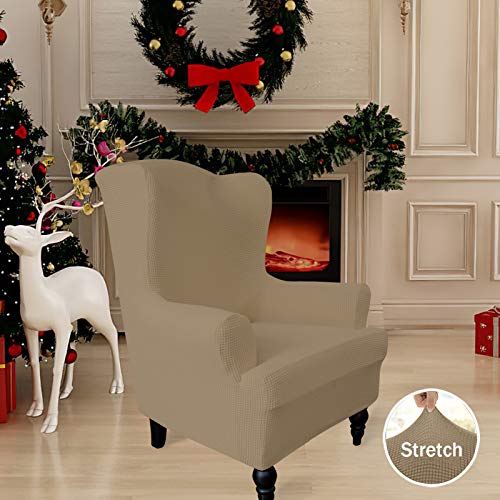 Image of Easy-Going Stretch Wingback Chair Sofa Slipcover Tan | 1-Piece Sofa Cover Furniture Protector Couch Soft with Elastic Bottom, Spandex Jacquard Fabric Small Checks