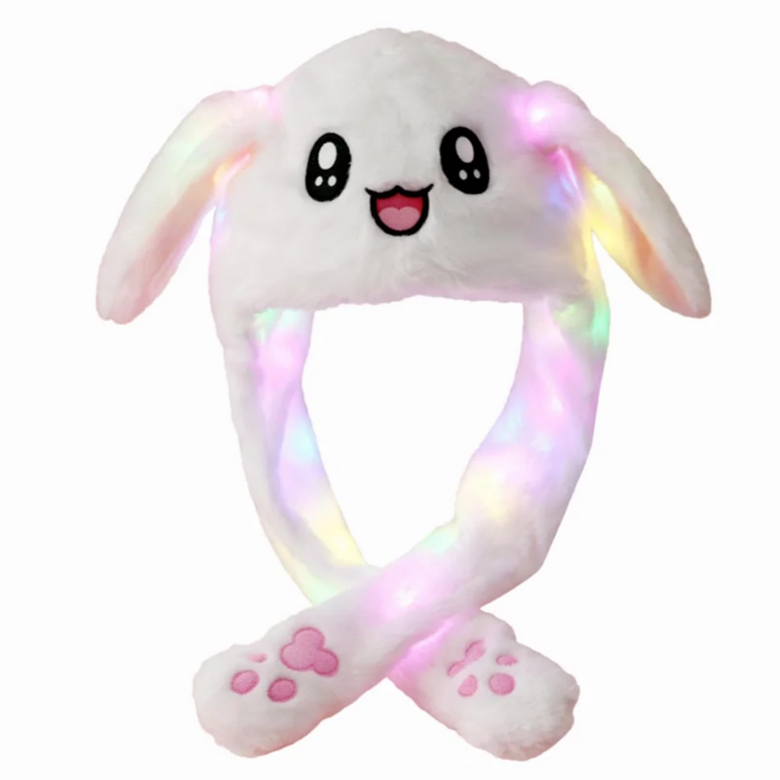 Grion Rainbow White Plush Rabbit Hat - Cartoon Animal Ears Bunny Paw Hand Headband - for Women Costume Halloween Christmas Photo Styling Party Headwear Accessory (Rainbow White)