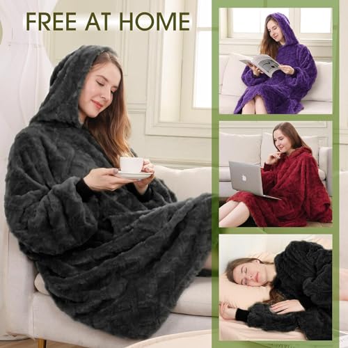 MIZZEO Oversized Wearable Blanket One Size Fits All, Super Warm and Cozy Flannel Hoodie Blanket for Women Men (BURGUNDY)