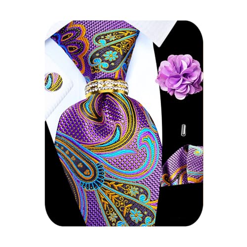 Image of 5PCS Tie and Pocket Square for Men, Silk Necktie and Handkerchief Cufflinks with Gold Ring and Lapel Pin Set