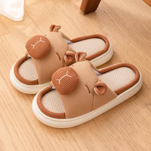 Cute Capybara Slippers for Women - Funny Linen Cotton for Comfort, Open Toe Breathable Slides Non-Slip Sole for Bedroom Indoor, Kawaii Animals Christmas Gifts for Couples Parents2