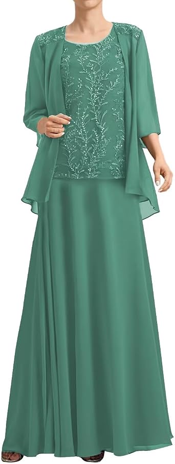 Plus Size Mother of Bride Dresses with Jacket Full Length 2 Piece Formal Grandmother Wedding Suit with Sleeves POST210