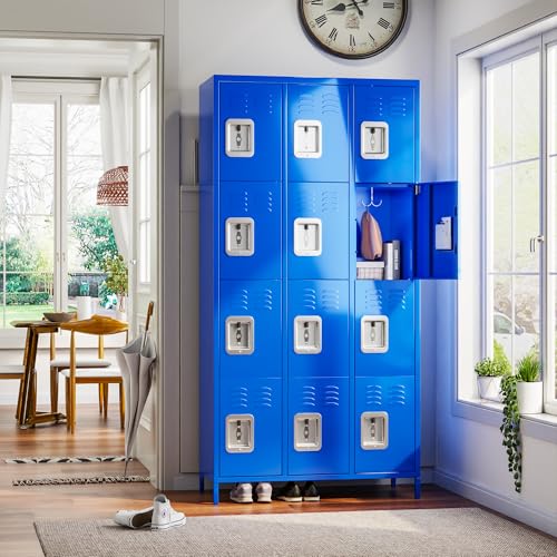 Image of Aobabo 12 Doors Metal Storage Locker for Employees, Storage Lockers for School Office Gym Bedroom, Industrial Steel Storage with 12 Hooks, Blue, Assembly Required