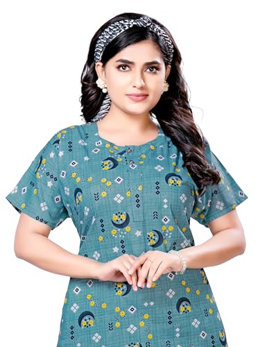 Image of PNAEONG Women's Printed Cotton Nighty, Gown Maxi - Free Size Blue