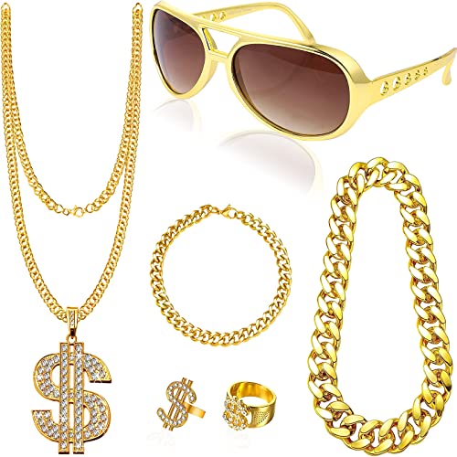 Conjunto de 6 peças de fantasia de rapper, hip-hop, acessórios com colar dourado, símbolo de dólar, anéis, óculos de sol, pulseira para homem e mulher, carnaval, festa temática dos anos 80 e 90