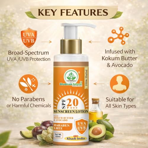 Image of Khadi Sunscreen Lotion SPF 20 with Kokum Butter & Avocado | Protects from Sun Damage & Pigmentation | For Normal, Dry & Sensitive Skin - 100ML