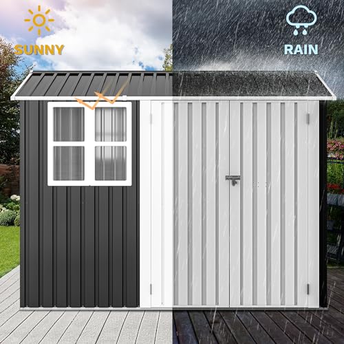 Image of DWVO 8x6ft Large Tool Storage Shed with Window, Lockable Doors, and Sloped Roof, Oversized Steel Outdoor Storage Shed for Garden, Patio, Garage, Backyard, Lawn - Gray & White