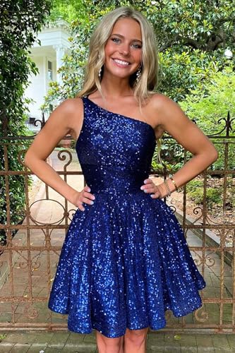 One Shoulder Sequin Homecoming Dresses for Women Teens Sparkly Ruched Short Prom Formal Dress2