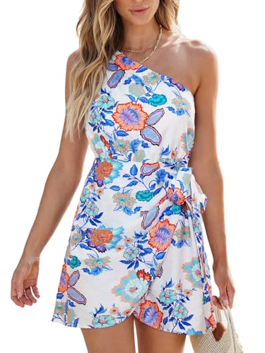 Image of CUPSHE Women's One Shoulder Leaf Print Self-tie Short Dress Sleeveless Tiered Hem Formal Dress Casual Mini Dress