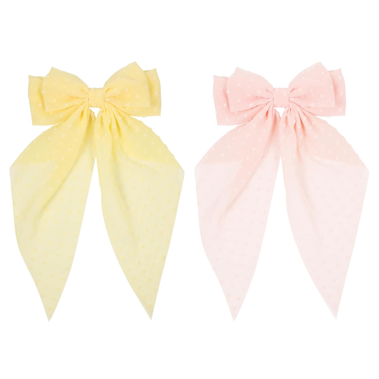 BVIIE Hair Clips, Big Chiffon Hair Bows Clips for Women Girls 8" Long Tail, Vintage French Style Hair Styling Accessories, Handmade with Soft Silk, Pink and Yellow Dot Pattern, 2 Count