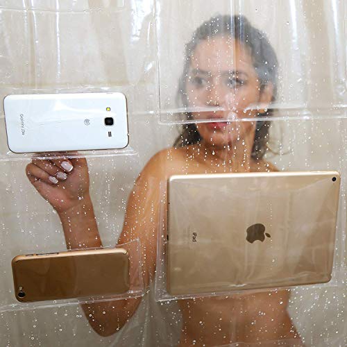 Domus Home Clear iPad Mount Liner-12 Touch-sensative Waterproof Shower Curtain with Phone Pockets-EVA Material 72x72 with 12 Hooks, 180CMX180CM