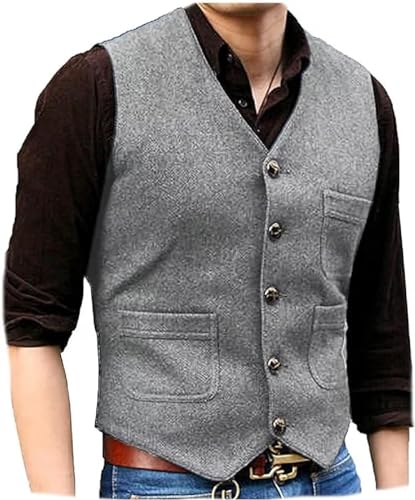 Yarizm Mens Vintage Wool Suit Vest V Neck Herringbone Waistcoat for Wedding Groomsmen2