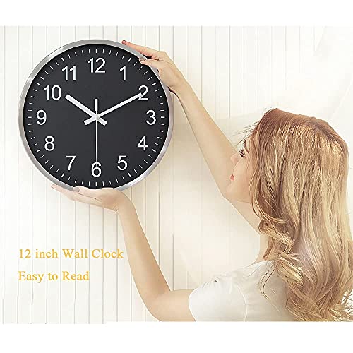 Image of HZDHCLH Modern Wall Clocks Battery Operated 12 inch Silent Non Ticking Wall Clock for Living Room Bedroom Kitchen Office Decor (Aluminum-Black)
