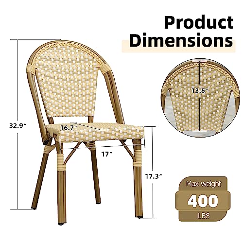 Purple Leaf Bistro Chair (Set Of 2) French Hand-Woven Wicker Chairs For Outdoor Patio Porch Garden Indoor, Bamboo Print Finish, Cream Yellow, Dining Chairs #TOP2