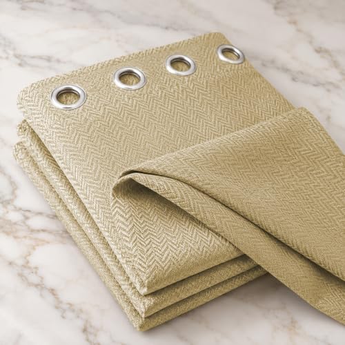 Image of LINENWALAS 100% Blackout Curtains for Window (5 Feet) - Set of 2 Panels, Herringbone Linen Texture Complete Light Block, Thermal Insulated & Noise Reducing Room Darkening Drapes (Golden Beige)