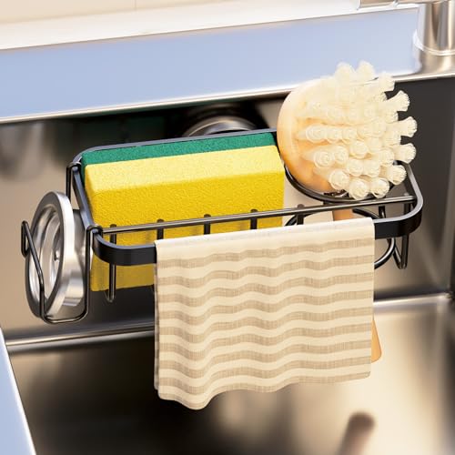 Image of TAILI 4-in-1 Sponge Holder for Kitchen Sink with Strong Suction Cup Removable, Rustproof Aluminum Sink Caddy for Sponge, Brush, Scrubber, Scraper -Black