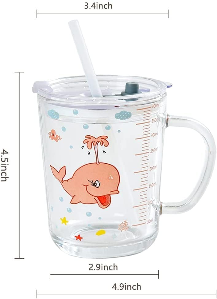 Image of ANKUL Leakproof Random Design Glass Measuring Drinking Mug 350ml with Handle and Clear Lid with Straw for Girls & Boys Multiple Usage (1, Kid Mug)