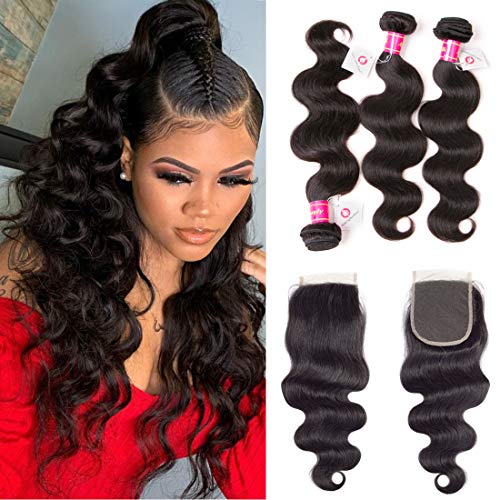 Aphro Hair 10A Brazilian Body Wave Bundles With Closure 4×4 Free Part Lace Closure 3 Bundles Human Hair Extensions 100% Unprocessed Virgin Hair Natural Black Color 100g/bundle (14 16 18 with 12)