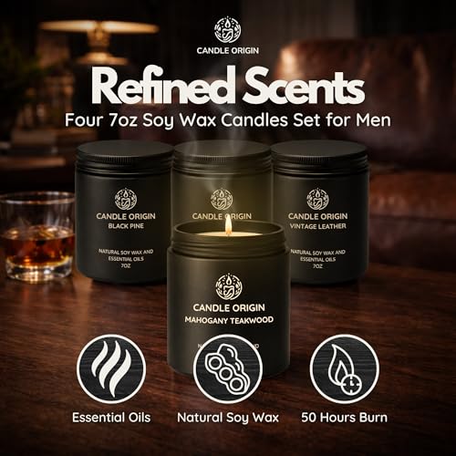 Image of Mahogany Teakwood Candles for Men Gift Set - 4 Pack 7oz Soy Wax with Whiskey Tobacco, Vintage Leather & Black Pine, Masculine Scented Candles, Premium Gift for Him, Man Cave & Office Decor