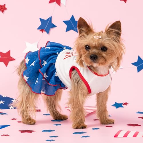 image for Fitwarm Patriotic Bowknot Tiered Ruffle Dog Dress, 4th of July Clothes