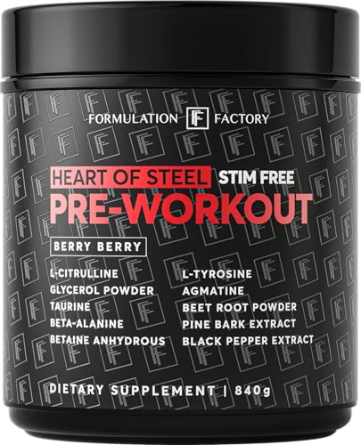 Image of Formulation Factory Heart of Steel Stim-Free Pre Workout - Nitric Oxide Boosting Formula for Gym Performance & Endurance - 10-Ingredient Matrix with L-Citrulline - 840g, 30 Servings