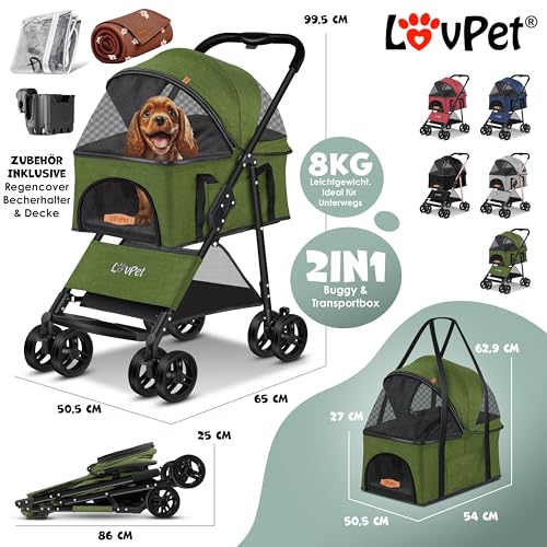 LOVPET® Hundewagen 2in1 Hundebuggy Hundebox Tragetasche Faltbar klappbar bis 20kg, mit 360°Drehrädern Inkl. Netzfenstern Getränkehalter, Regenschutzabdeckung & Kuscheldecke, Jogger Buggy für Haustiere