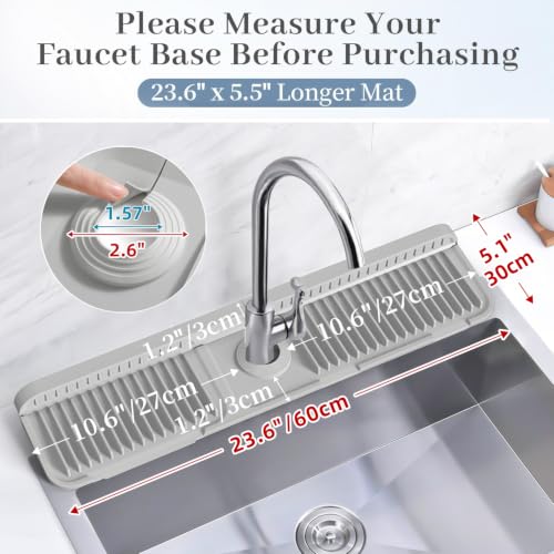 Image of PoYang 24 inch Faucet Mat for Kitchen Sink Splash Guard, 7 Slope Silicone Sink Water Splash Guard for Kitchen Sink Area with Snap, Longer Sink Protectors for kitchen Sink Sponge Holder, Light Grey
