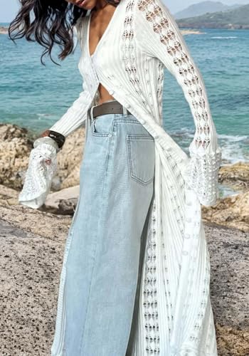 Image of Unybwonn Long Cardigans for Women Crochet Hollow Out Knit Sweater Cover up Maxi Dress Long Sleeve Button Down Cardigan