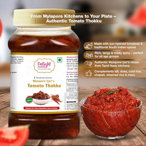 Image of Delight Foods Mylapore Iyer's Tomato Thokku 800g | Traditional Tamil Nadu Rice Mix | Made with Pure Gingelly (Sesame) Oil | Homemade Style Tomato Pickle | No Preservatives
