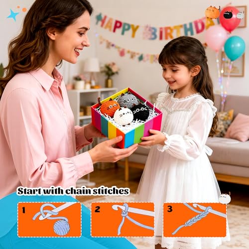 Image of Joyclub Crochet Kit for Beginners 4 Cat Family with Video for Adults | Step-by-step video and 40% extra yarn support first projects for crochet starter; a amigurumi DIY gift for adult crafters