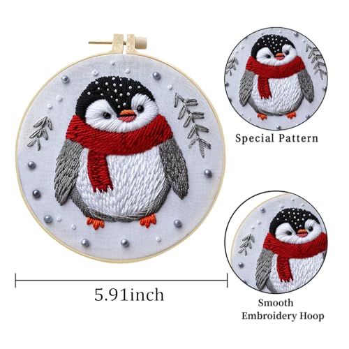 Image of EOBTAIN 3 Pcs Funny Christmas Embroidery Kit for Beginners,Red Gnome and Penguin Embroidery Starter Kit Winter Xmas Fireplace Stamped Patterns with Hoop,Thread,Needles,Hand DIY Craft Kits for Adults