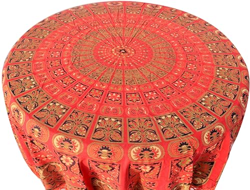 Image of Dining Round Tablecloth, Red, 75 inch, 4-6 Seater, RHF-5008 | 100% Cotton, Multicolor Floral Bird Printed, White Fringed Lace Border
