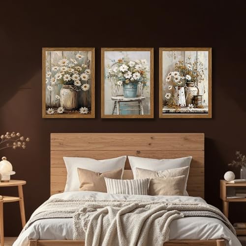 Image of DUWQU Triptych Rustic Farmhouse Daisy Framed Canvas Wall Art 12x16 inch x3