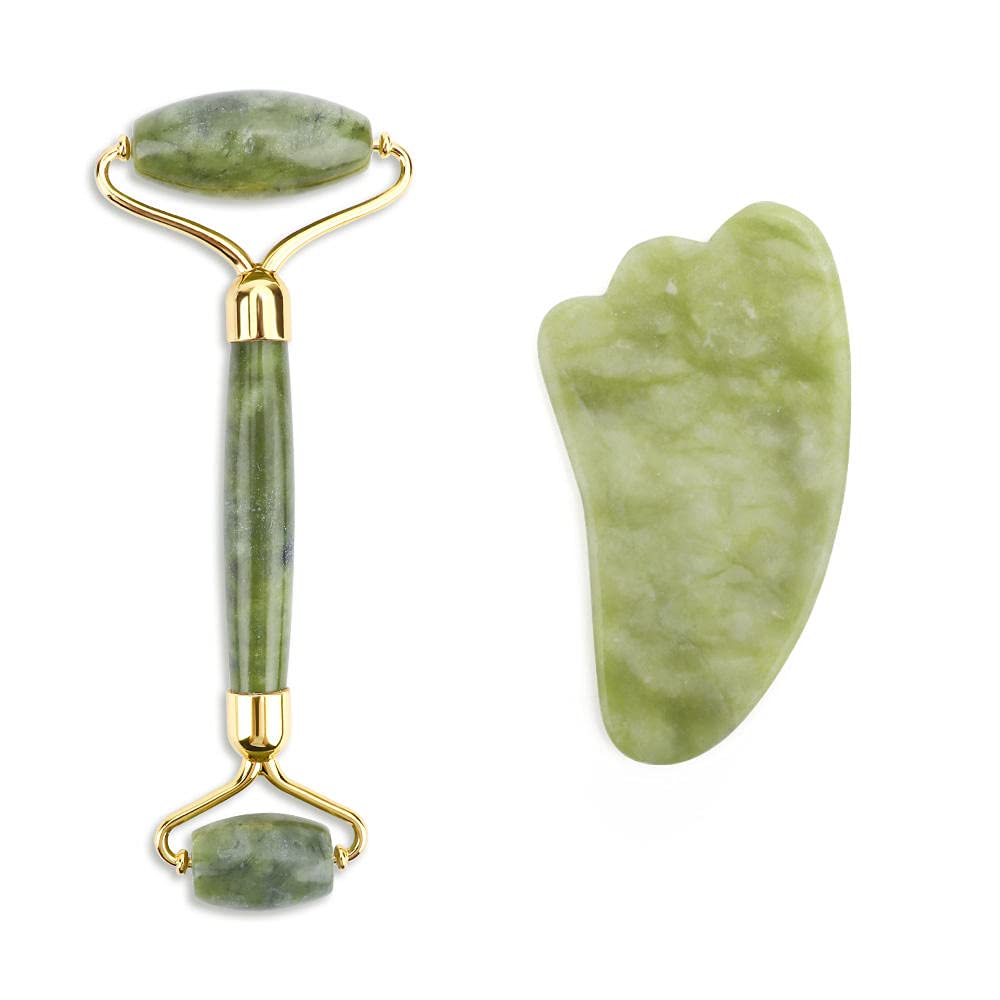 Juego de herramientas de masaje facial de rodillo de jade masajeador facial de piedra natural Guasha tabla de masaje Gua Sha Raspador de jade Rodillo y kit de guasha-cuerno sin caja