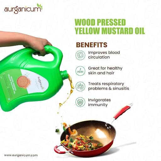 Image of 5L Wood Pressed Yellow Mustard Oil (Peeli Sarson Tel) - Cold Pressed Kachi Ghani Sarso Oil for Daily Cooking - Pure, Unrefined & Chemical Free - Jar Can