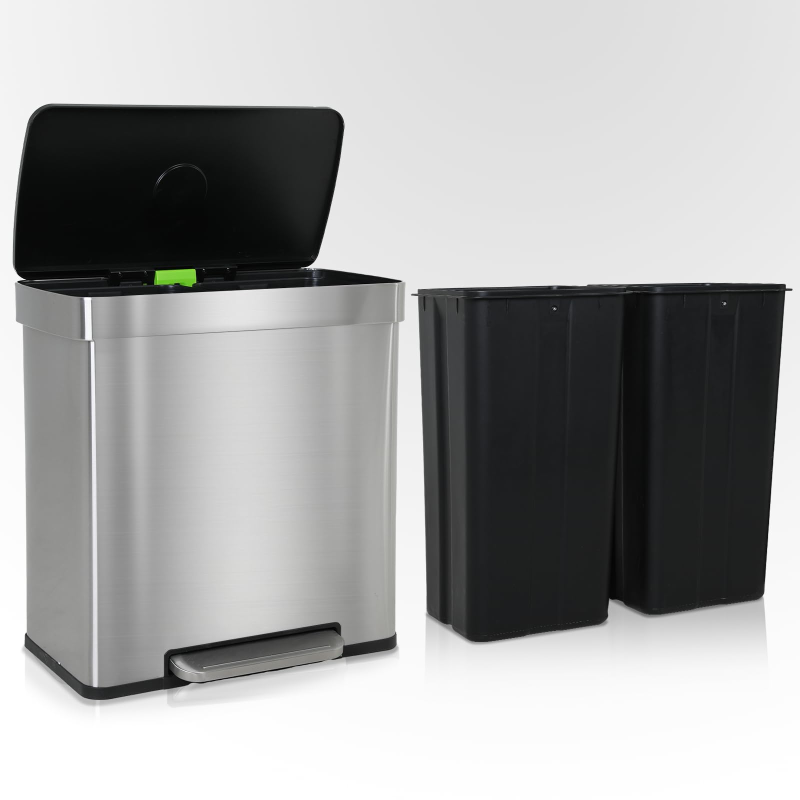 Dkelincs Dual Trash Can 16 Gallon 60L Stainless Steel Trash and Recycling Combo with Lid Double Barrel Step