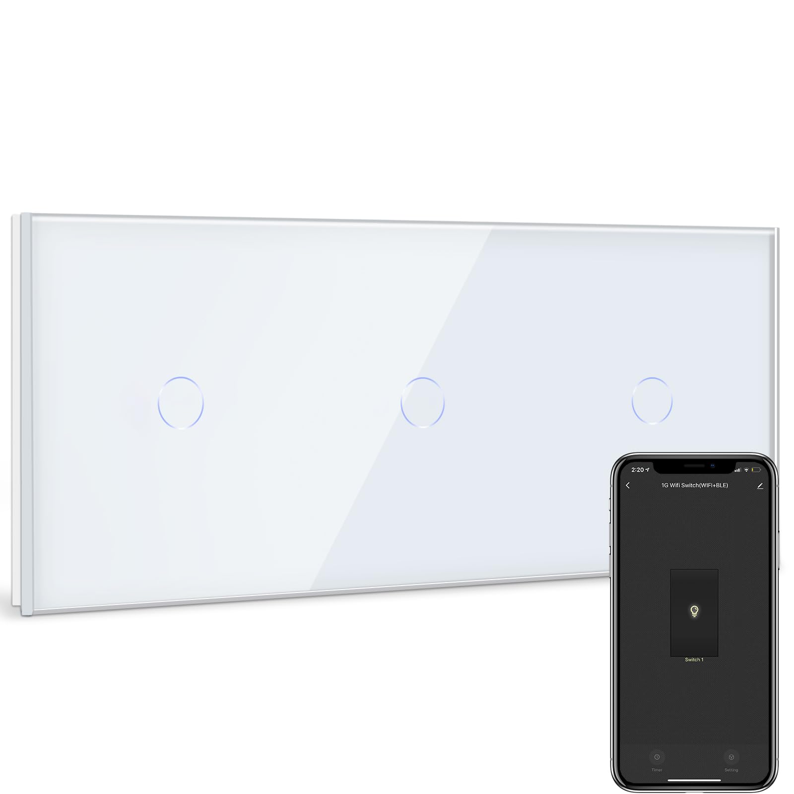 BSEED WiFi Interruptor de Luz 1 Gang 2 Vías Triple Interruptor Inteligente con panel de vidrio Blanco,Compatible con Alexa y Google Home, Control de APP y Función de Temporizador-Neutral Requerido