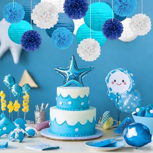 Image of 18 PCS Blue White Paper Lanterns & Tissue Paper Pom Poms for Boyss Birthday, Baby Shower, Wedding, Bridal Shower, Hanging Paper Decor for Indoor Outdoor Events Party Supplies