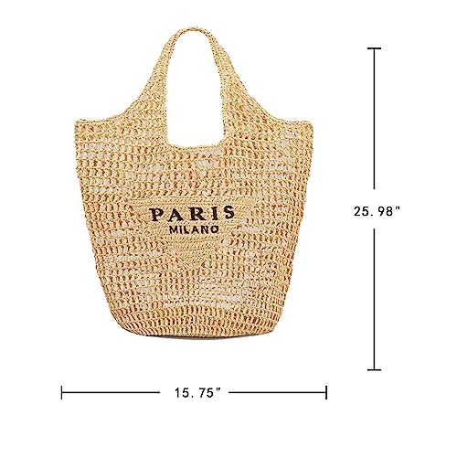 POOOPSSD New Woven Bag, Straw Mesh Tote Bag, Beach, Shoulder Bag, Hobo Women, Foldable Large Capacity, for Holiday, Picnic and Party. (Khaki) - Image 8